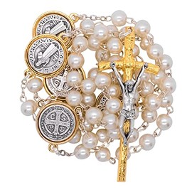 Pearlesque Catholic Rosary with Medals | St. Benedict, St. Francis St. Michael, Sacred Heart, or Our Lady of Guadalupe | Great Gift for First Communion and Confirmation (Saint Benedict)