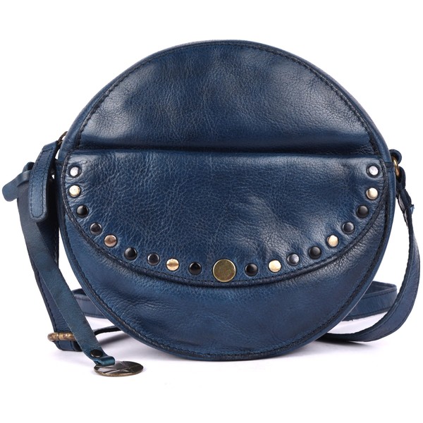 Genuine Italian Leather Boho Studded Round Crossbody Sling Bag -