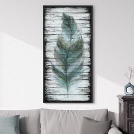 Cuspin Framed Vertical Feather Living Room Wall Art, Large Vintage Black and Teal Canvas Artwork for Walls, Farmhouse Rustic Feather Painting Print for Office Kitchen Foyer Stair Wall Decor, 20x40 Inch