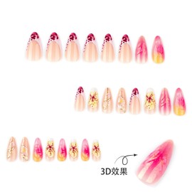 3d Press on Nails Almond Shape Fake Nails Pink Yellow Stick on Nails Leopard Print French Tip Press ones with designs Gradient Acrylic Nails Flower Glue on Nails for Women Art Manicure24pcs