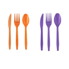 2 Pack Bundle Orange Purple Plastic Utensils Combo Pack - 96 Count Parties Events Durable Disposable Cutlery Cook Serve Kitchen