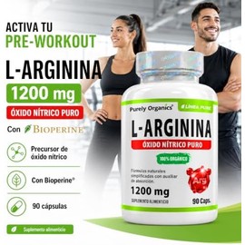 L Arginina 1200 mg  Pre Entreno y Óxido Nítrico  Con Bioperine Mayor Biodisponibilidad  Pre Workout sin Cafeína. Purely Organics, Arginina 90