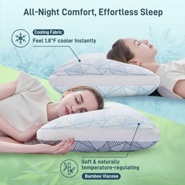 Shredded Memory Foam Cooling Soft Bamboo Viscose Pillow Queen Size, Adjustable Hypoallergenic Hotel Quality Bed Pillow for Side, Stomach or Back Sleeper, Oeko-TEX Certified