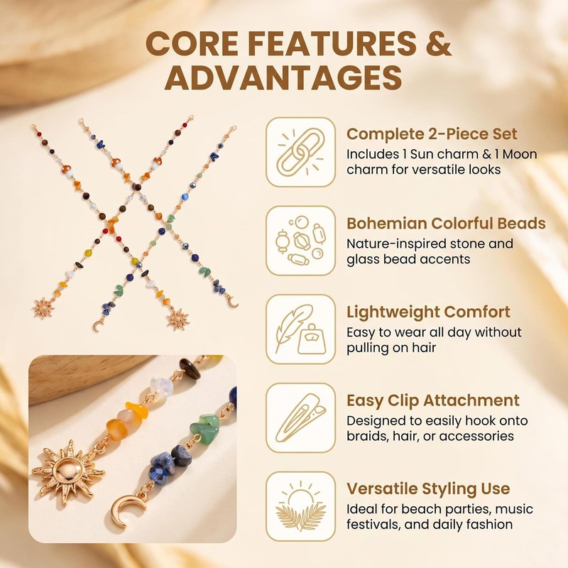 2 Pcs Bohemian Hair Chain with Colorful Beads & Sun