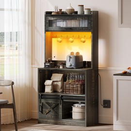 DWVO Bakers Rack with Power Outlet and Storage Cabinet, 5-Tier Farmhouse Kitchen Microwave Stand with LED Lights,Heavy Duty Coffee Bar Table Station with 7 Hooks for Dining Living Room, Black Brown