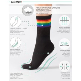 CALZITALY 2 Pairs Unisex Socks with Rainbow Pattern, Cotton Stockings for Men and Women, Grey, White, Black, 35/38-39/42-43/46, Made in Italy, black