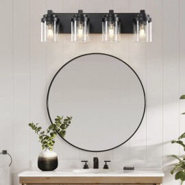 Matte Black 4-Light Bathroom Vanity Light Clear Glass Shade with Vanity Light Fixtures and Mirror Premium Bathroom LightingMaterial: Iron, Color: Black Color