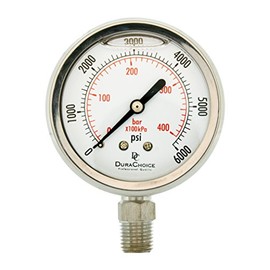 2-1/2" All Stainless Steel Oil Filled Pressure Gauge - 1/4" NPT Lower Mount 6,000PSI