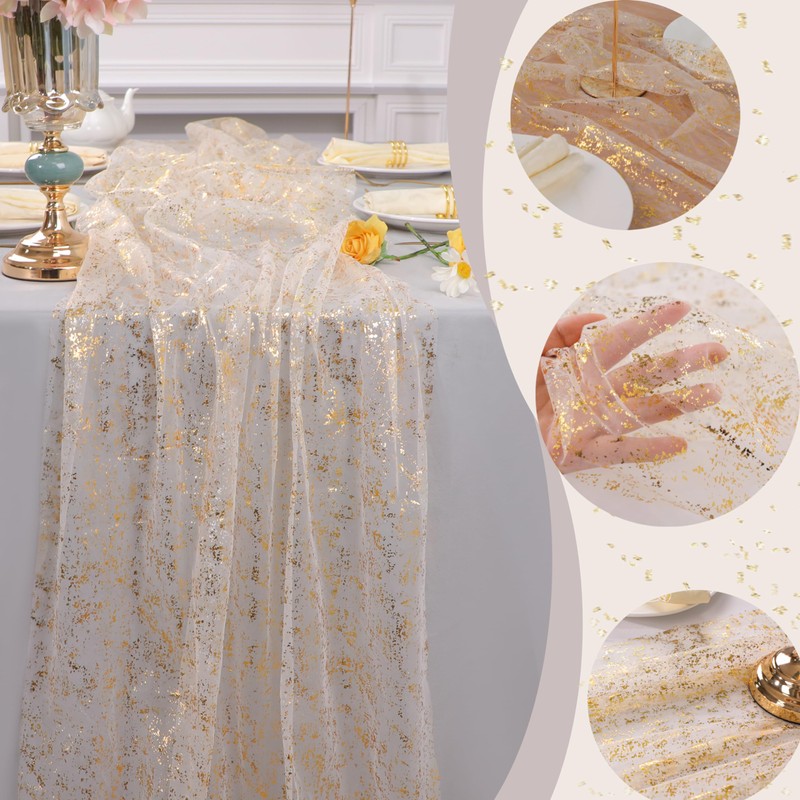 Snowkingdom Snowkingdom 10 Ft Gold Table Runner, Sheer Chiffon Tulle