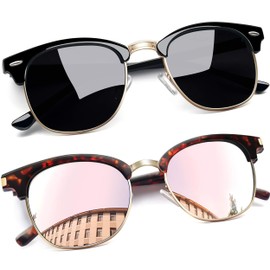 Joopin Square Semi Rimless Sunglasses Women Men Polarized Sun Glasses UV Protection (Gloss Black+Retro Pink)