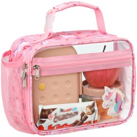 BrainyBees Clear Lunch Bag for Kids - Clear Kids Lunch Box Reusable Snack Bag for School Travel Picnic, Heavy Duty, Stadium Approved, Pink Unicorn
