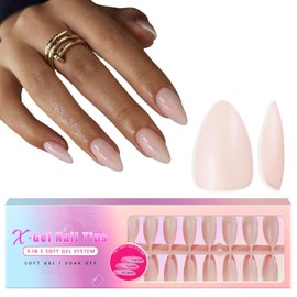 KQueenest Soft Gel x Nail Tips Natural Press on Nails Short Almond Semi-Transparent Gel Tips Kit Short Stiletto Gel x Nails, Easy Fake Nails Press ons Acrylic Nails Extensions for Nail Art, Nude Pink