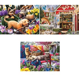 Bits and Pieces - Value Set of Three (3) - 300 Piece Jigsaw Puzzles for Adults - Spring Collection Large Piece Jigsaws by Artist Larry Jones - 18” x 24”