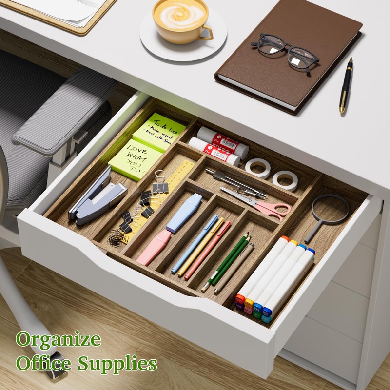 Kiasthome Acacia Wood Kitchen Silverware Drawer Organizer, Expandable Utensil Cutlery