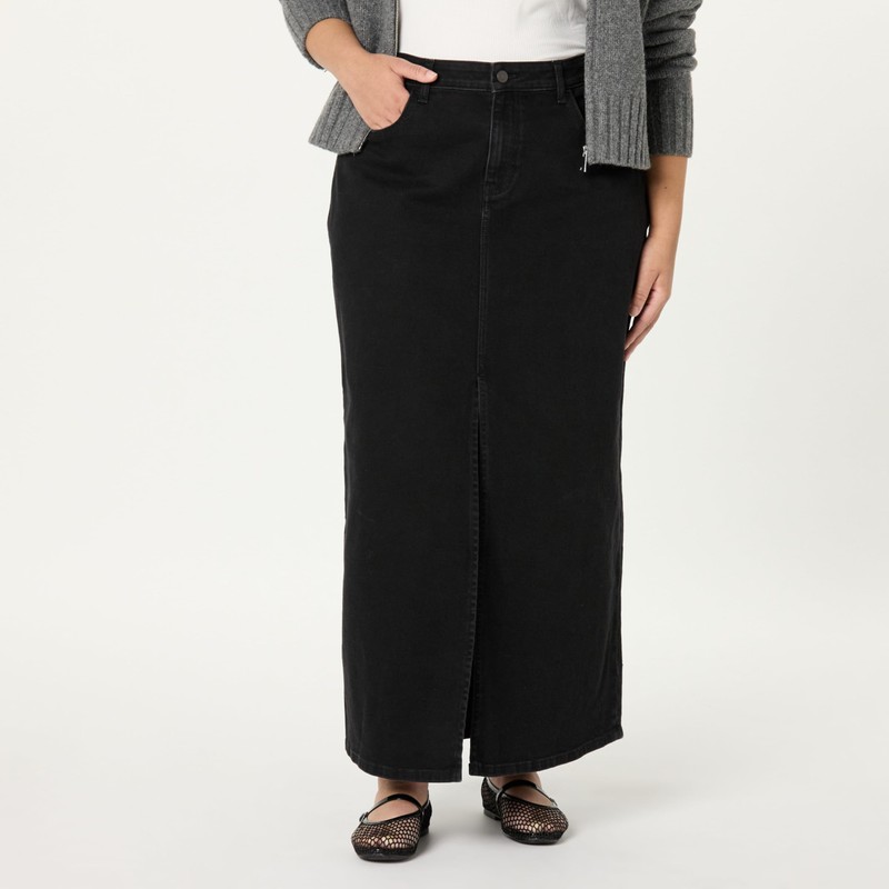 The Drop Rylie Maxi Denim Skirt with Front Slit Skirt,