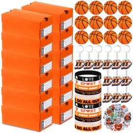 Fullhawl 12 Sets Mini Sneaker Boxes for Party Favors Small Gift Case Mini Shoe Gifts Boxes with Editable Label Keychains Small Ball Bracelets Stickers for Sport Basketball Party Supplies (Orange)