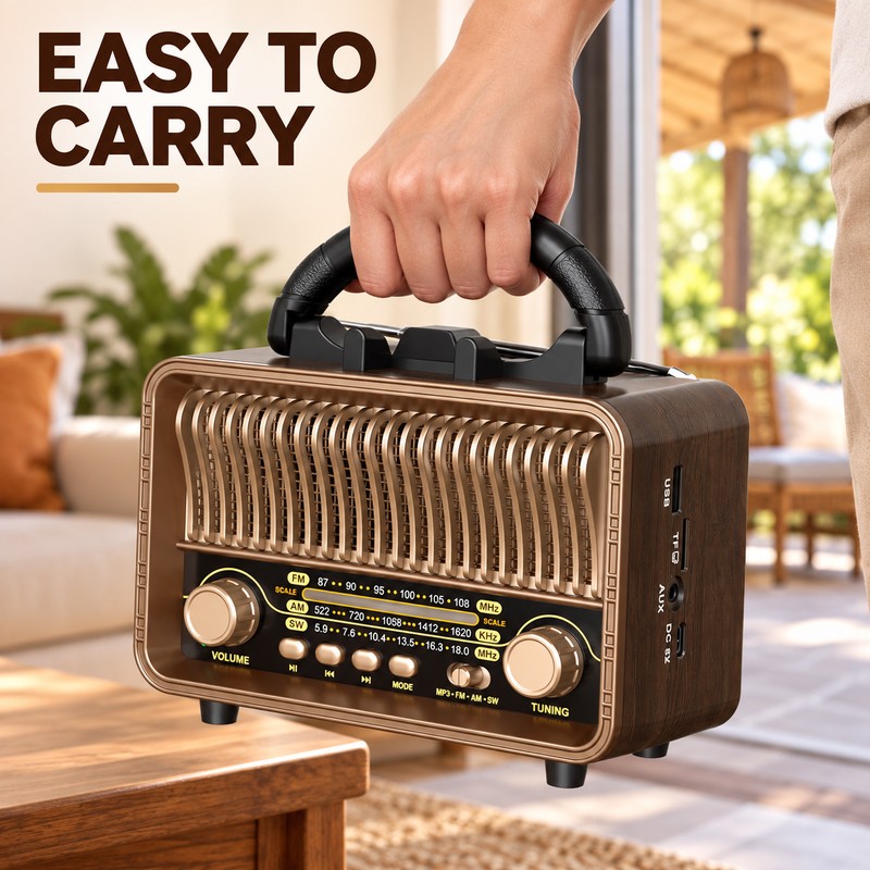 Retro Portable AM/FM/SW Radio with Bluetooth, AUX, TF Card, USB-C