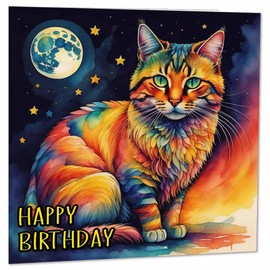 Moon Cat Birthday Card - Watercolour Cat Artistic Cards - Cat Cards 145 x 145mm