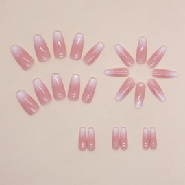 Press On Nails Medium Pink Gradient Ballet Shaped Artificial Acrylic With Glitter Powder Design Full Cover Glossy Reusable Coffin Shaped for Women 24Pcs