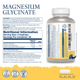 Magnesium Glycinate - 120 Vegan Capsules - High Strength Magnesium Bisglycinate Supplement - with Added Bioperine Black Pepper for Gentle Digestion - Lab Verified - Solaray