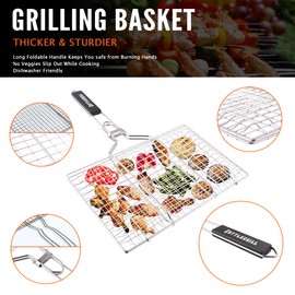 Cattlegrill Foldable BBQ Fish Grill Basket with 430 Stainless Steel, Grill Set Includes: a Reusable Grill mat and a basting Brush.