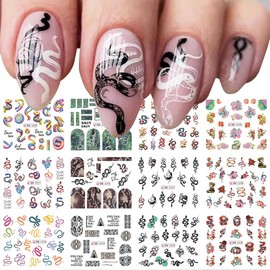 Snake Nail Art Stickers, Snake Nail Decals Water Transfer Nail Art Supplies New Year Cute Snake Flowers Nail Tattoo Stickers Accessories for Women Girls(12Sheets)