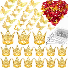 Sasylvia 290 Accesorios para Ramo de Flores, 30 Coronas de Adorno de Tarta 60 Decoraciones de Mariposas 3D 200 Pines de Ramo de Ramillete, Mini Tiara de Cristal de Perla para Cumpleaños (Dorado)