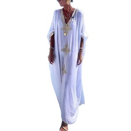 Bsubseach Gold Embroidery Long Kaftan Dresses V Neck Caftan Dress Beach Cover Ups for Women White