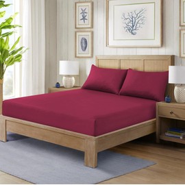 CHARKHAH Polycotton Fitted Sheet for Single Double King Super King Bed 200 Thread Count Anti Wrinkle Plain Bedding 25 cm Extra Deep Fitted Sheets Cover with Elastic Edges (Burgundy, King)