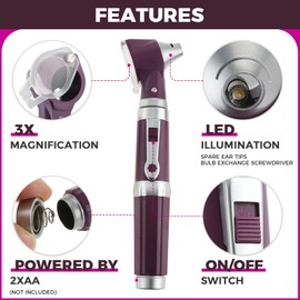 Otoscope Kit, Ear Scope with Light, 3X Magnification, 4 Speculum Tips Size, Ear Infection Detector, Otoscope Ear Care Tool Fit for Adults, Kids, Baby, Elder, Pets, Animals, Pocket Size, Purple