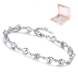 Pulsera de plata para mujer, pulsera de corazón de plata, Ajustable Brazalete cristal amistad mujeres Joyería de regalos cumpleaños (Corazón Plata)