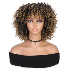 Afro Curly Wig with Bangs Short Kinky Curly Wig For Black Women Synthetic Natural Looking Premium Afro Kinky Curly Wigs 180% Density (#1B/27)