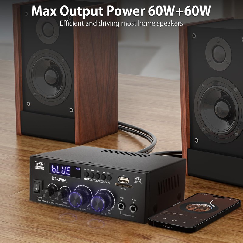 Bluetooth Amplifier 5.0 HiFi Stereo Amplifier Receiver 2.0 Channel 2X60W