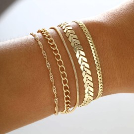 Dainty Gold Sliver Bracelets for Women Link Chain Herringbone Twisted Rope Box Mesh Bracelet Gold Plated Minimalist Chain Charm Bracelet Jewelry Gifts for Women Girls