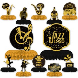 12 Pieces Roaring 1920's Party Honeycomb Centerpiece Decorations - Black and Gold Birthday Party Decor - Music Party Table Decoration for Birthday 1920s Vintage Flapper Wedding Party