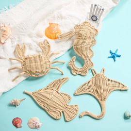 Wesiti 4 Pcs Wicker Sea Wall Decor Fish Stingray Crab Seahorse Hanging Decors Handmade Wicker Beach Ocean Theme Ornaments Coastal Nautical Sculpture for Boho Bathroom Indoor Outdoor Wall Art