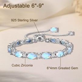 Cacupol Adjustable Birthstone Gem Tennis Bracelet for Women, 925 Sterling Silver Plated with White Gold Chain, 5.5"-8.5"(Adjustable), Sterling Silver, created moonstone