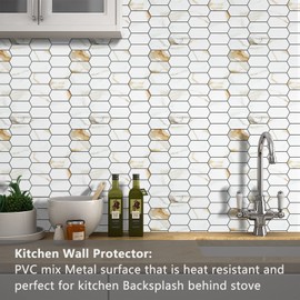 Vamos Tile Long Hexagon Peel and Stick Backsplash Tile - 10 Sheets Stick on Backsplash for Kitchen and Bathroom 12.4 x 12 Inch Calacatta Gold PVC Self Adhesive Mosaic Wall Tiles