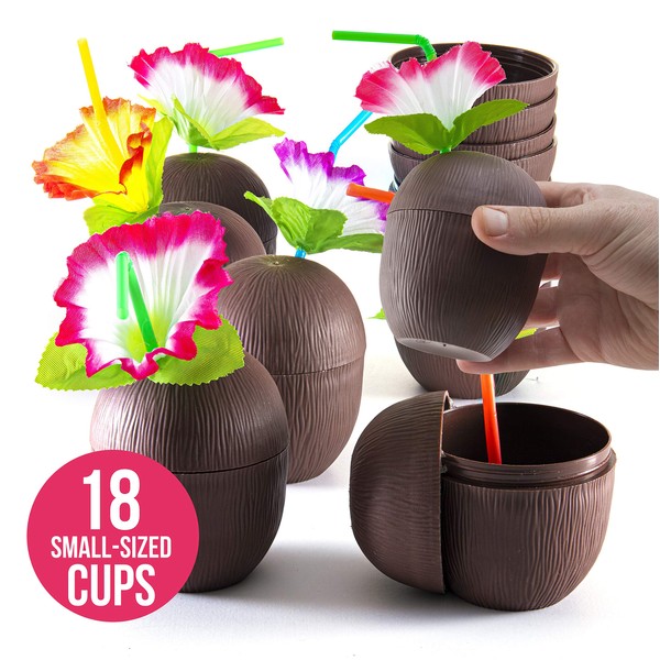 PREXTEX Coconut Cups with Flower Straws & Twist Close Lids (18-8oz cups) for Luau Party Decorations, Pool Parties, Moana Birthday Parties, Tropical Tiki Parties, Hawaiian Themed Party Decorations