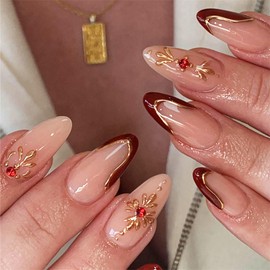 IMRAIN Press on Nails Medium Almond Fake Nails Wine Red French Tips False Nails with 3D Golden Line & Flower Design Glossy Full Cover Nude Gel Glue on Nails for Women 24Pcs