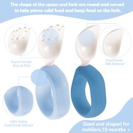 HIWOOD Baby Self Feeding Training Spoon and Fork Set with Travel Case, BPA-Free Cute Circle Toddler Training Utensils, Silicone/ABS Great Tableware Set Spoons Fork for Kids(Blue & Light blue)