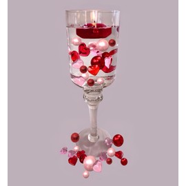 Floating Valentine Red & Pink Hearts Matching Pearls-Fills 1 Gallon-with Exclusive Measured Transparent Gels Floating Kit & Prep/Storage Bag+3 Warm White Fully Submersible Fairy Lights-Vase Decoration