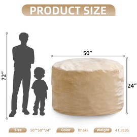 5FT Bean Bag Chair Bean Bag Chairs for Adults Giant Bean Chairs with Velvet Cover, Memory Foam BeanBag Chair Large Bean Bag Chairs for Adults for Living Room, Bedroom - Khaki (50" x 50" x 24")