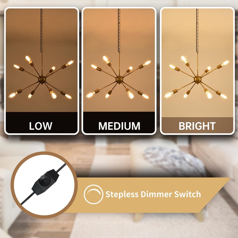 HOXIYA 26.3" DIMMABLE Plug in Chandelier, Modern Sputnik Chandeliers Brushed
