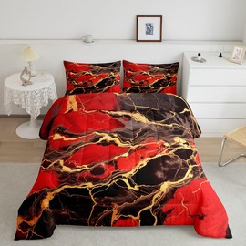 Marble Print Comforter Set Full Size,Gold Marbling Geometric Stripes Bedding Set,Boys Girls Adults Room Decor,Artwork Abstract Stone Down Comforter,Red Black Bright Duvet Insert,2 Pillowcases