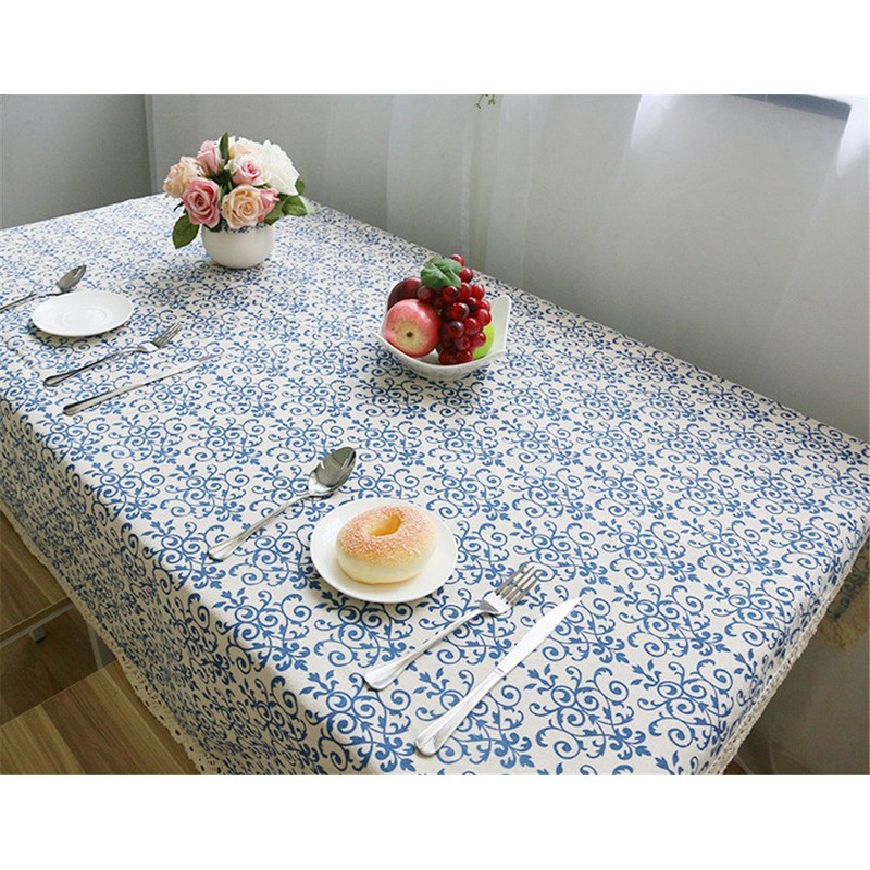 Superwinger Classic Linen Cotton Blue Flower Printed Tablecloth Dustproof Rectangular