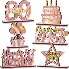 6 Pcs 80th Birthday Decoration Vintage 1945 Wooden Table Centerpieces Decoration Pink Rose Gold Hello Eighty Party Supplies Happy 80th Birthday Decorations for Women 80th Birthday Table Sign Decor