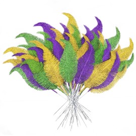 Yen Jean 52Pcs Mardi Gras Feathers Leaves Decorations - Green Gold Purple Glitter Picks Bulk for Table Centerpieces Party Decor