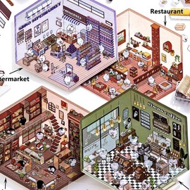 4 Sets DIY 3D House Stickers, Funny DIY Stickers Scene for Relief Stress and Pass The Time, 3D House Sticker Set to Make Your Own Supermarket, Coffee Shop, Restaurant and Bookstore
