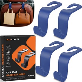 KULOLO Car Seat Hooks & Purse Holder - 4 Pack Boxed,55 lb Heavy Duty,Eco PP Car Hooks for Purse/Bag/Baby Gear/Gym Bag/Groceries/Cup/,Fits 0.32-0.55”Car Headrest Rods (Dark Blue)